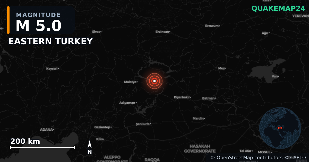 M5.0 earthquake near EASTERN TURKEY on Apr 27, 2025 — map of epicenter and shaking intensity | QuakeMap24