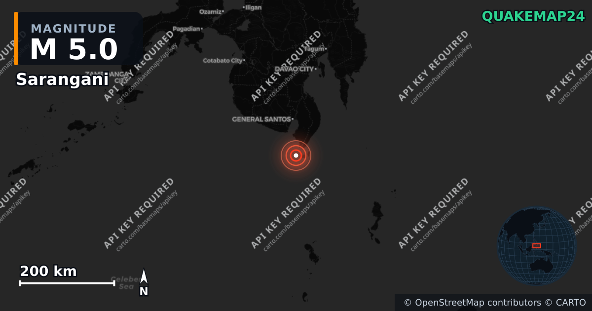 M5.0 earthquake near Sarangani on Jun 17, 2026 — map of epicenter and shaking intensity | QuakeMap24