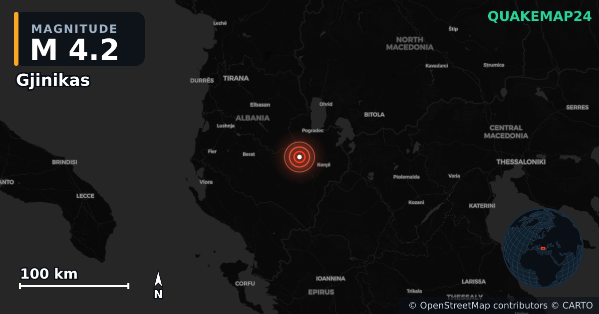 M4.2 earthquake near Gjinikas on Jan 16, 2026 — map of epicenter and shaking intensity | QuakeMap24