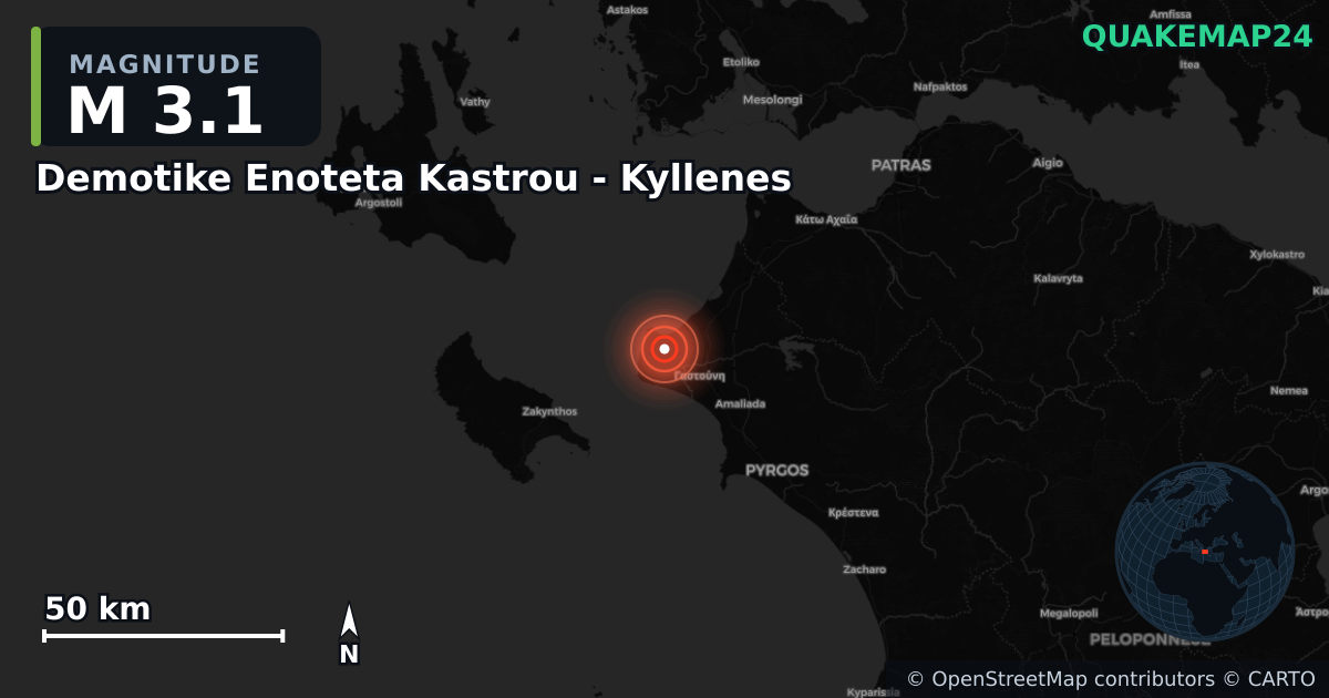 M3.1 earthquake near Demotike Enoteta Kastrou - Kyllenes on Jan 11, 2026 — map of epicenter and shaking intensity | QuakeMap24