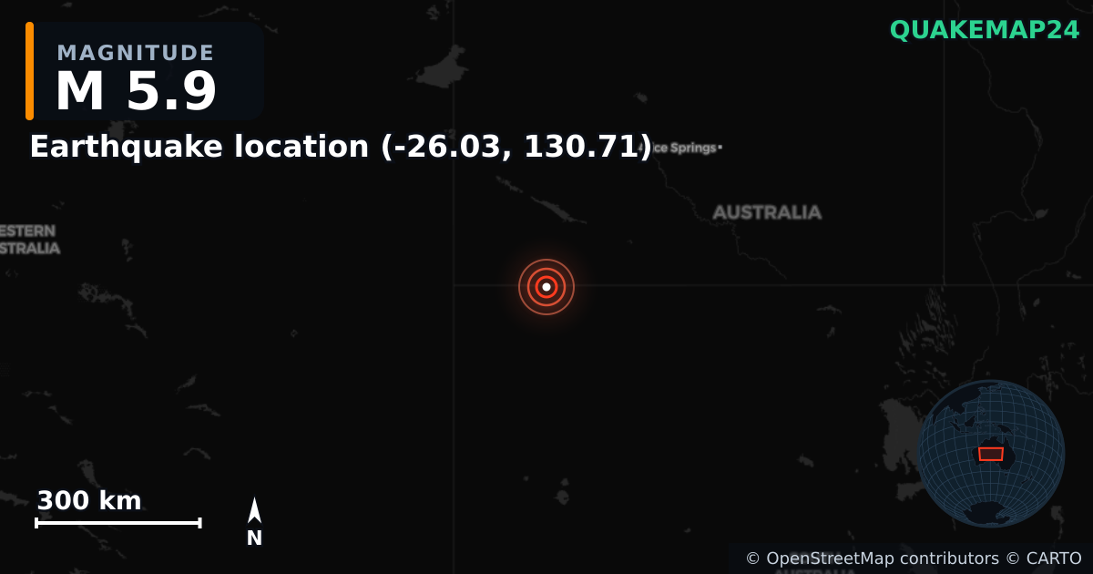 M5.9 earthquake near Deprem konumu (-26.03, 130.71) on Apr 4, 2026 — map of epicenter and shaking intensity | QuakeMap24