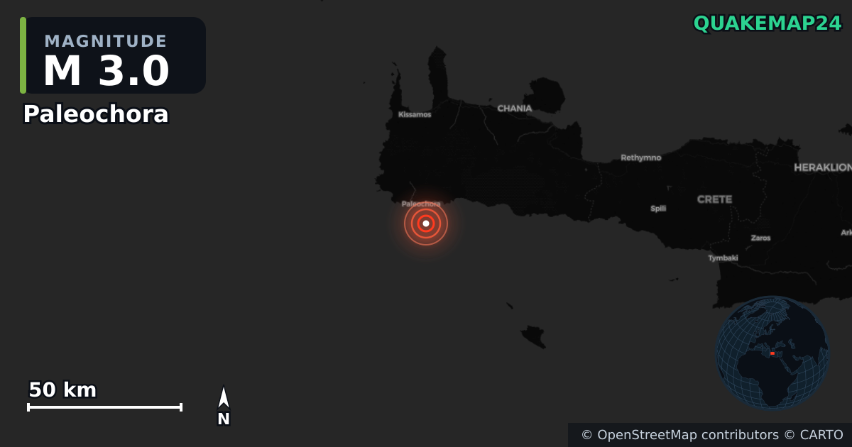 M3.0 earthquake near Paleochora on Aug 24, 2026 — map of epicenter and shaking intensity | QuakeMap24
