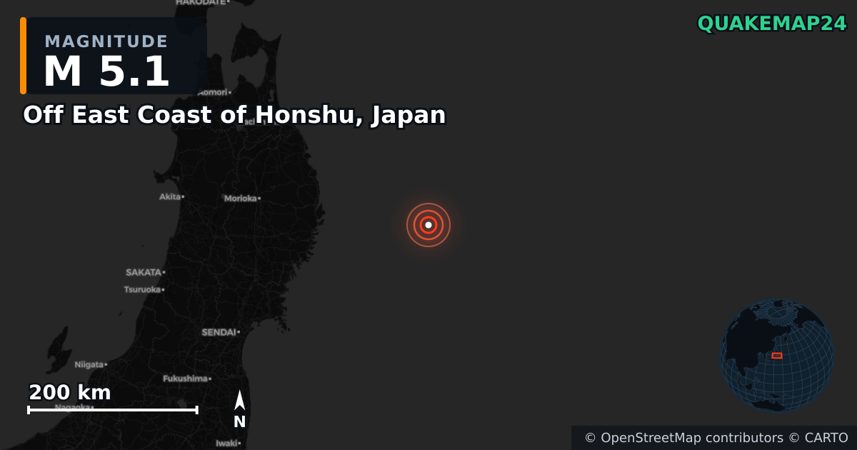 M5.1 earthquake near Off East Coast of Honshu, Japan on Nov 8, 2025 — map of epicenter and shaking intensity | QuakeMap24