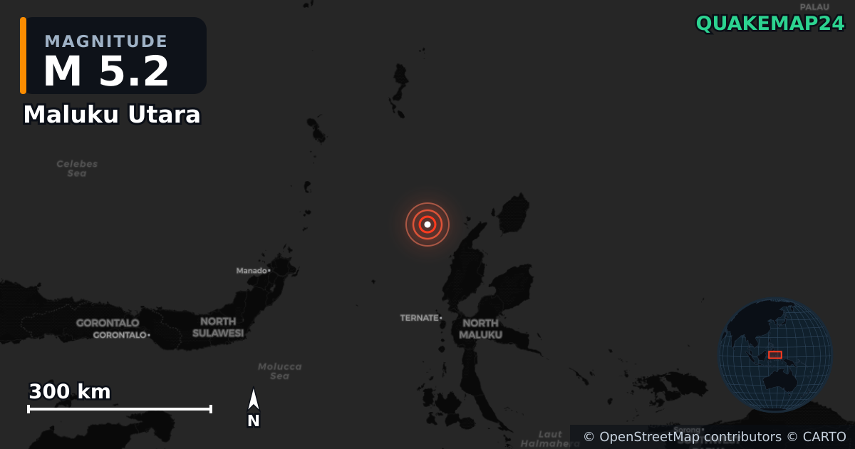 M5.2 earthquake near Maluku Utara on Aug 17, 2025 — map of epicenter and shaking intensity | QuakeMap24