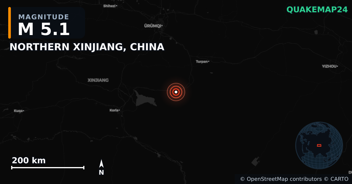 Terremoto de M5,1 cerca de NORTHERN XINJIANG, CHINA · 2026-05-03 — Mapa de la ubicación del epicentro