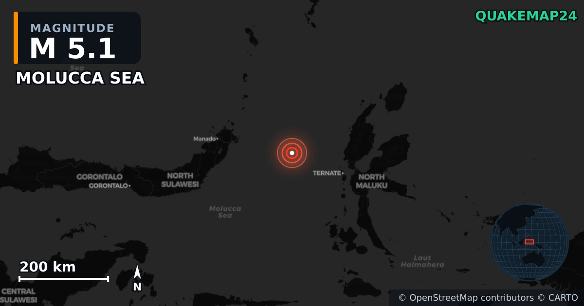 M5.1 earthquake near MOLUCCA SEA on Apr 1, 2026 — map of epicenter and shaking intensity | QuakeMap24
