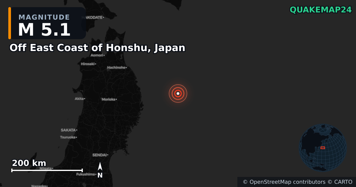 M5.1 earthquake near Off East Coast of Honshu, Japan on Nov 9, 2025 — map of epicenter and shaking intensity | QuakeMap24