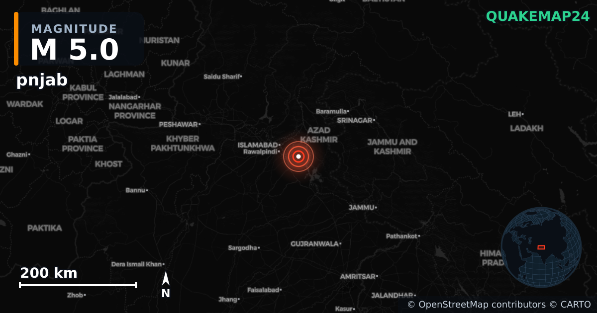 M5.0 earthquake near pnjab on Aug 2, 2025 — map of epicenter and shaking intensity | QuakeMap24