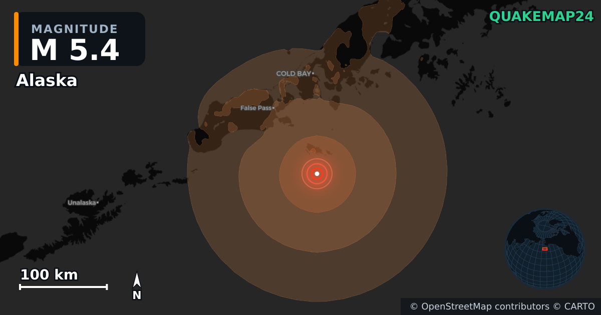 M5.4 earthquake near Alaska on Jul 14, 2026 — map of epicenter and shaking intensity | QuakeMap24