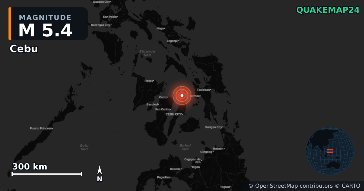 M5.4 earthquake near Cebu on Sep 30, 2025 — map of epicenter and shaking intensity | QuakeMap24