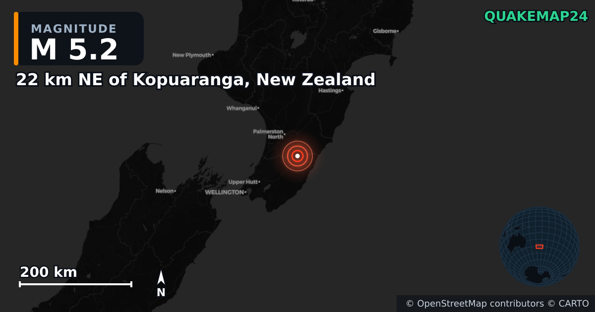 M5.2 earthquake near 22 km NE of Kopuaranga, New Zealand on Jan 28, 2025 — map of epicenter and shaking intensity | QuakeMap24