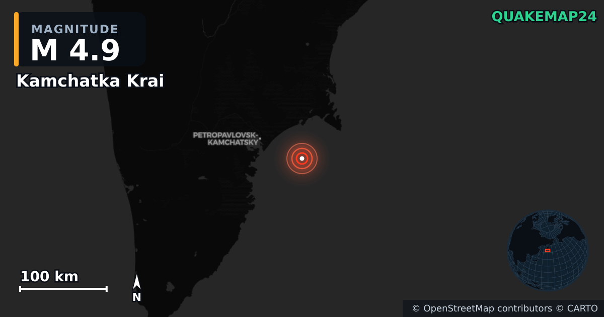 M4.9 earthquake near Kamchatka Krai on Jun 10, 2026 — map of epicenter and shaking intensity | QuakeMap24