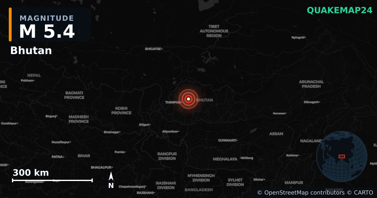 M5.4 earthquake near Bhutan on Jun 7, 2026 — map of epicenter and shaking intensity | QuakeMap24