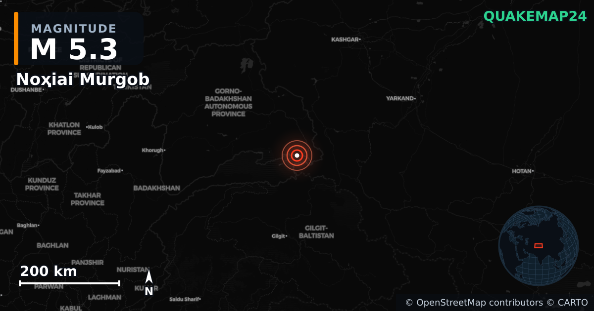M5.3 earthquake near Noҳiai Murgob on Jan 8, 2026 — map of epicenter and shaking intensity | QuakeMap24