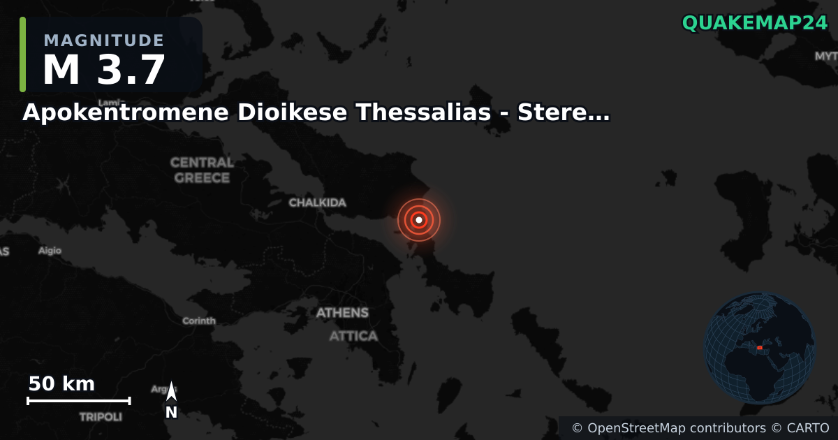 M3.7 earthquake near Apokentromene Dioikese Thessalias - Stereas Ellados on Sep 26, 2025 — map of epicenter and shaking intensity | QuakeMap24