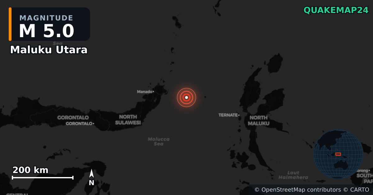 M5.0 earthquake near Maluku Utara on Oct 19, 2025 — map of epicenter and shaking intensity | QuakeMap24