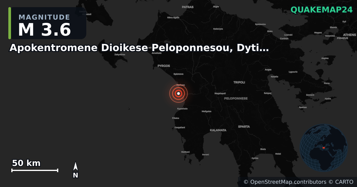M3.6 earthquake near Apokentromene Dioikese Peloponnesou, Dytikes Elladas kai Ioniou on Oct 5, 2025 — map of epicenter and shaking intensity | QuakeMap24