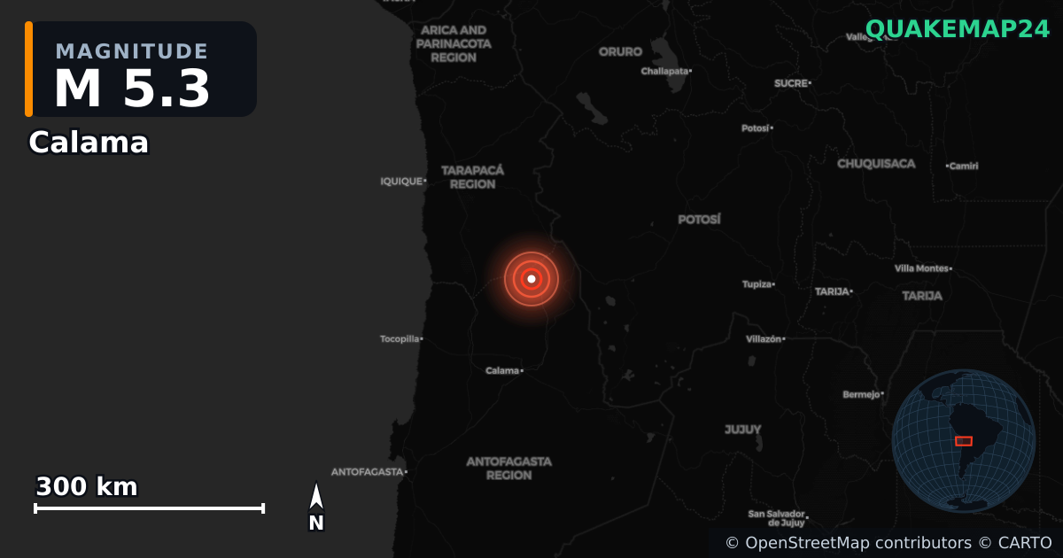 M5.3 earthquake near Calama on Jan 13, 2026 — map of epicenter and shaking intensity | QuakeMap24