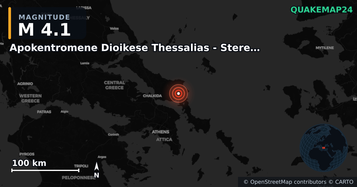 M4.1 earthquake near Apokentromene Dioikese Thessalias - Stereas Ellados on Aug 8, 2025 — map of epicenter and shaking intensity | QuakeMap24