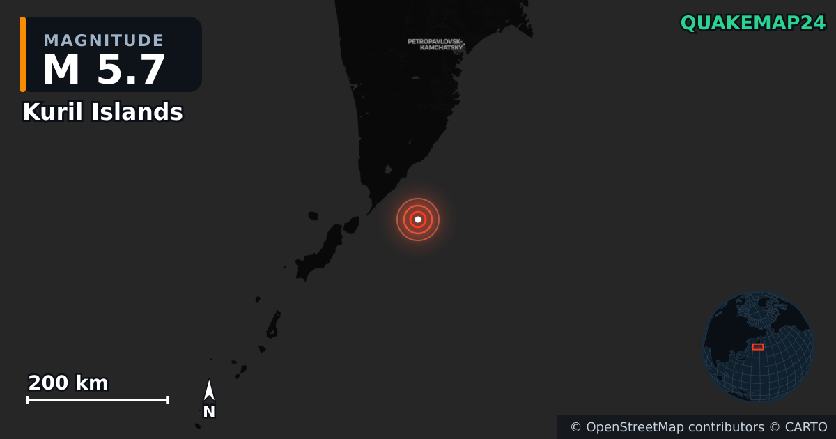 M5.7 earthquake near Kuril Islands on Aug 27, 2025 — map of epicenter and shaking intensity | QuakeMap24