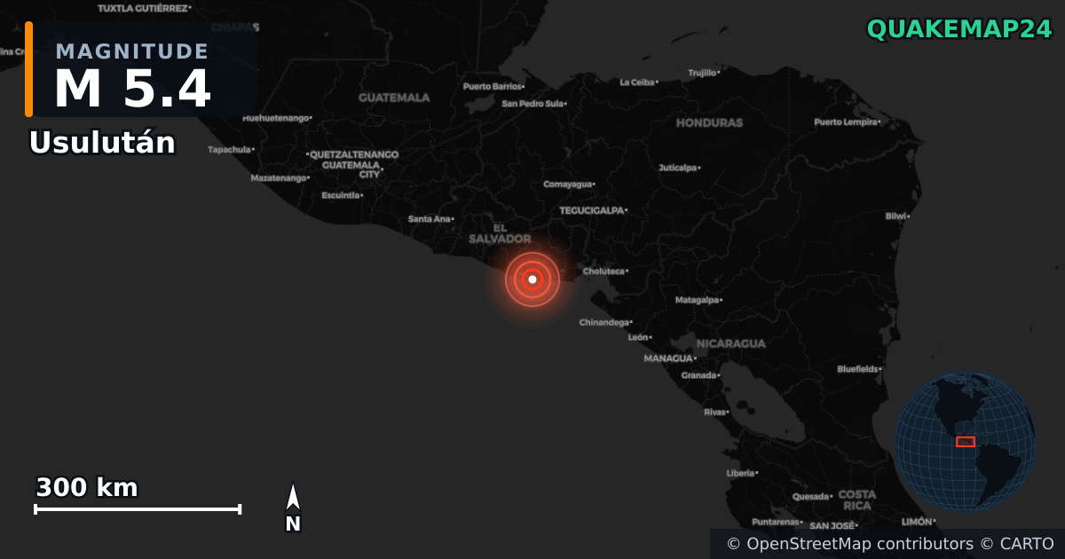 M5.4 earthquake near Usulután on Jun 18, 2025 — map of epicenter and shaking intensity | QuakeMap24