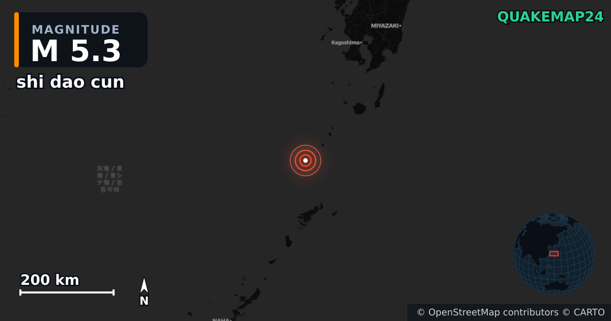 M5.3 earthquake near shi dao cun on Jun 24, 2025 — map of epicenter and shaking intensity | QuakeMap24