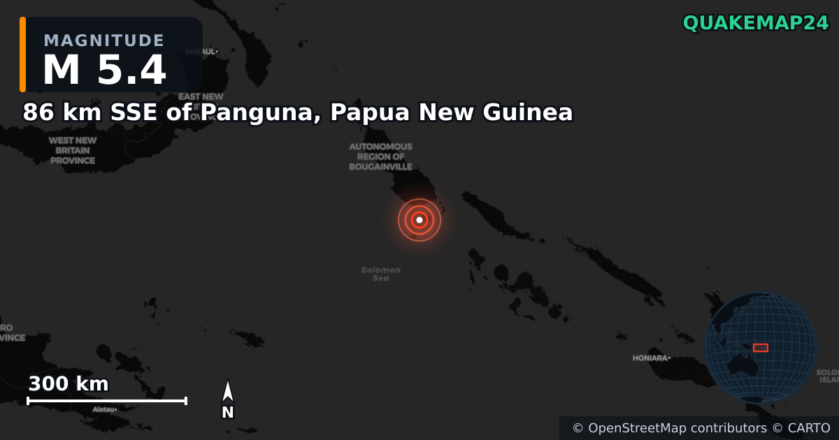 M5.4 earthquake near 86 km SSE of Panguna, Papua New Guinea on Feb 10, 2025 — map of epicenter and shaking intensity | QuakeMap24