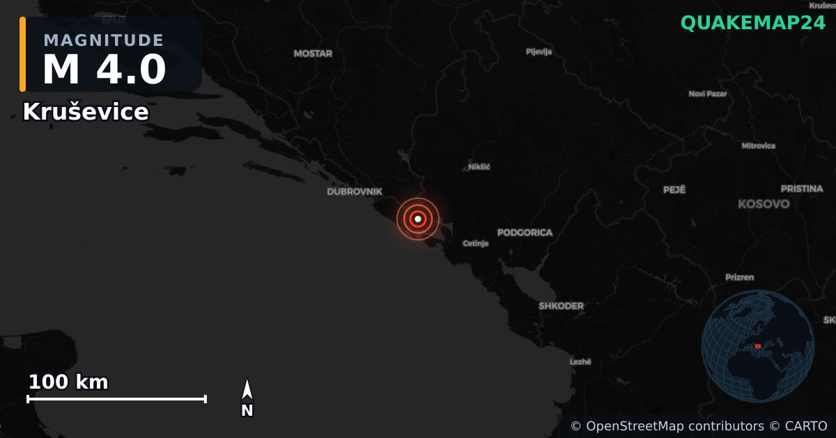 M4.0 earthquake near Kruševice on May 22, 2025 — map of epicenter and shaking intensity | QuakeMap24