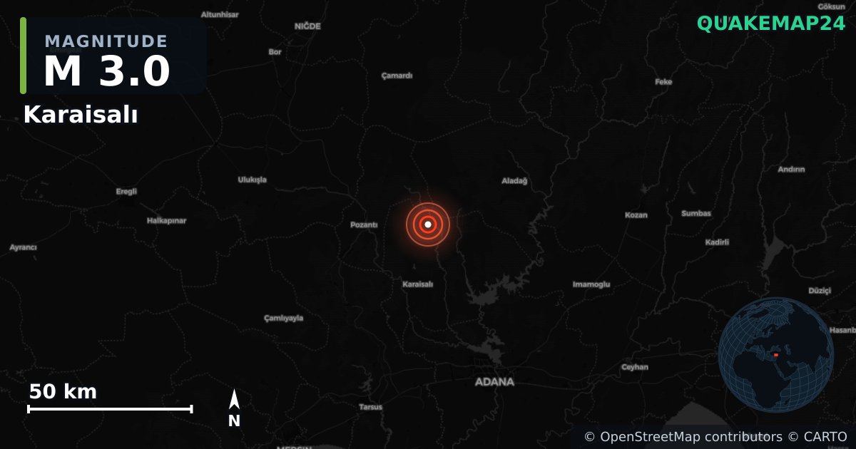 M3.0 earthquake near Karaisalı on Feb 19, 2026 — map of epicenter and shaking intensity | QuakeMap24