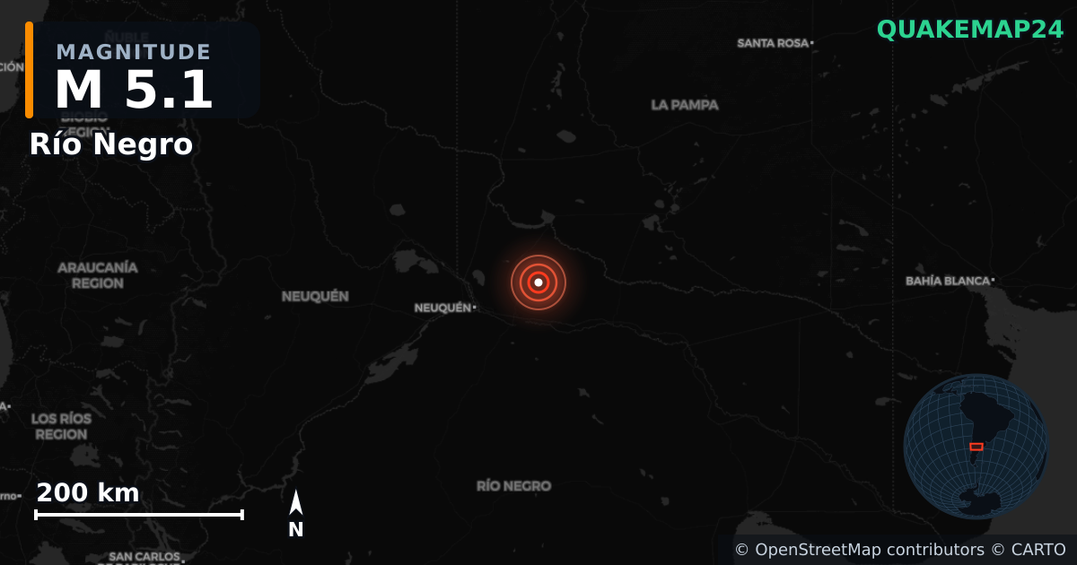 M5.1 earthquake near Río Negro on Dec 9, 2025 — map of epicenter and shaking intensity | QuakeMap24