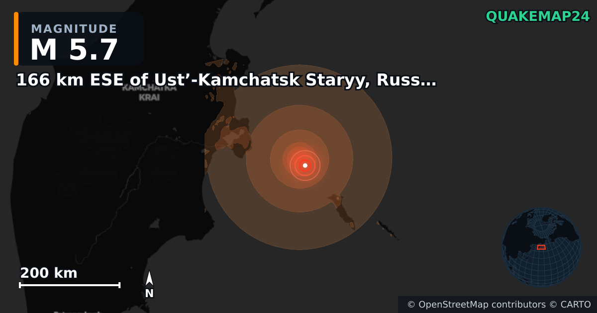 Erdbeben M5,7 bei 166 km ESE of Ust’-Kamchatsk Staryy, Russia — Karte der Lage des Epizentrums