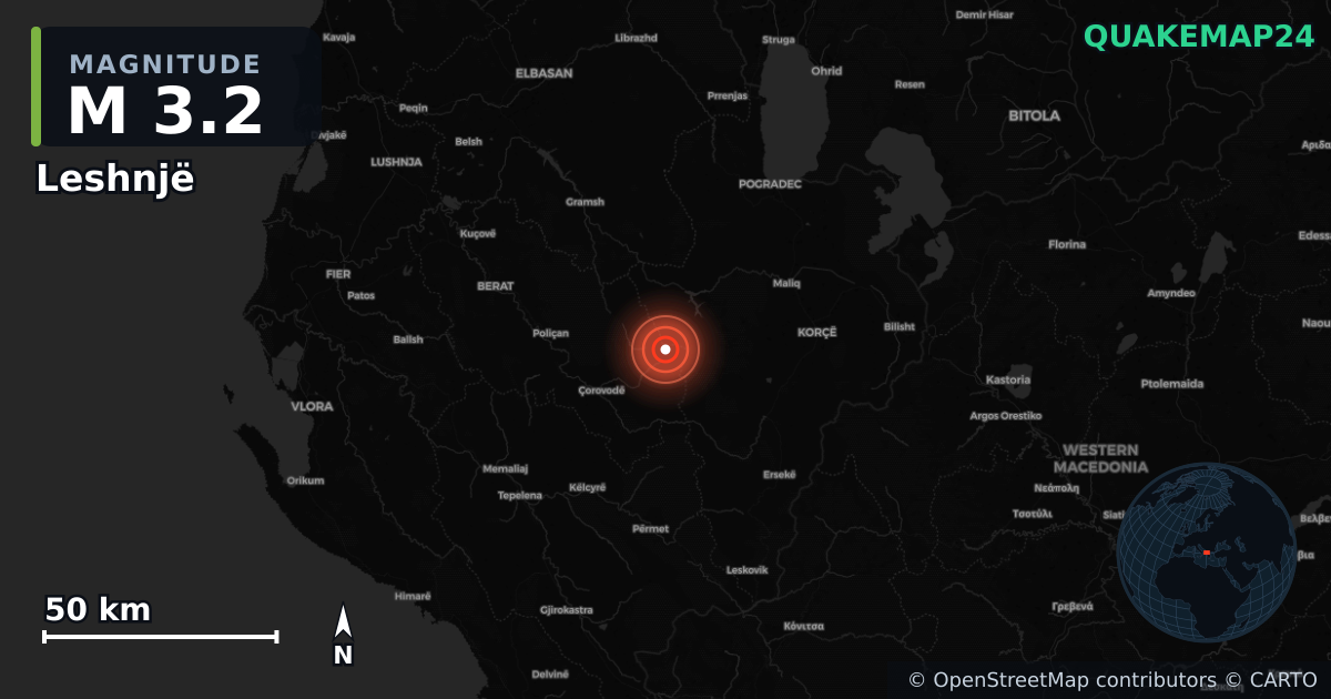 Erdbeben M3,2 bei Leshnjë (Albanien) · 2026-09-18 — Karte der Lage des Epizentrums