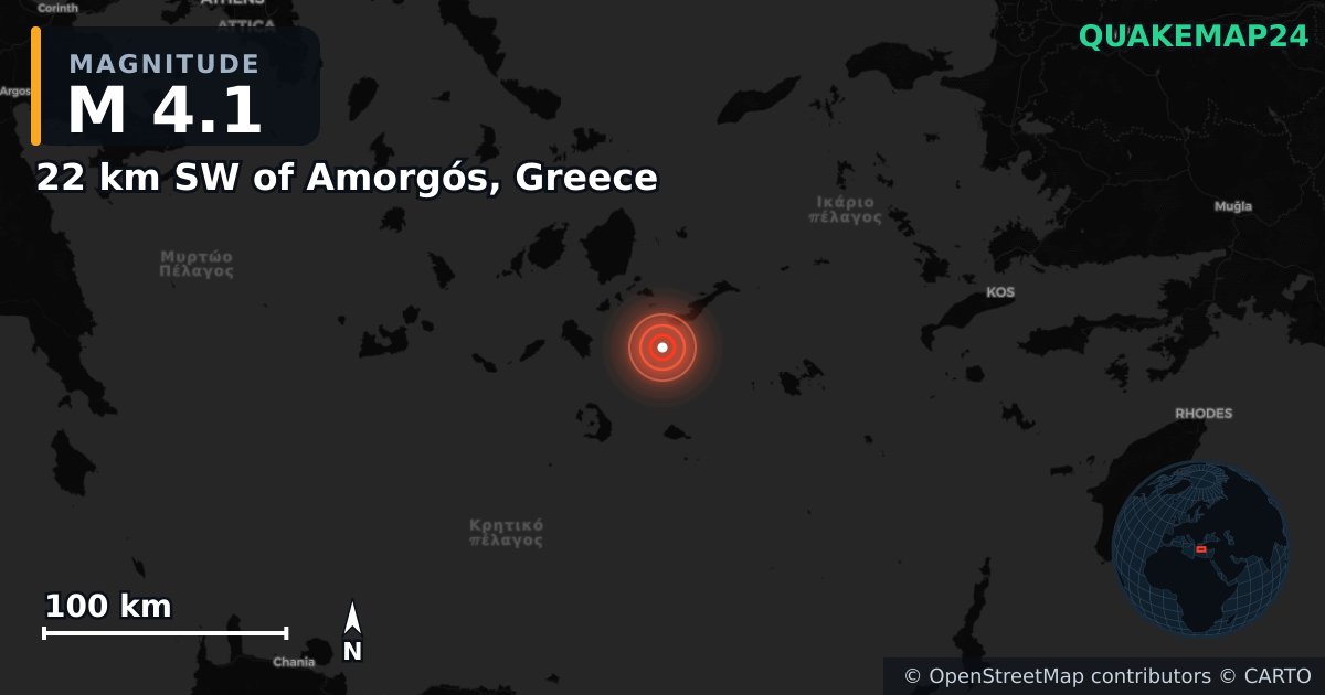 M4.1 earthquake near 22 km SW of Amorgós, Greece on Feb 11, 2025 — map of epicenter and shaking intensity | QuakeMap24