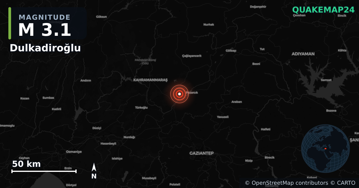 M3.1 earthquake near Dulkadiroğlu on May 3, 2026 — map of epicenter and shaking intensity | QuakeMap24