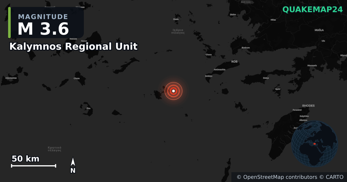 M3.6 earthquake near Kalymnos Regional Unit on Aug 4, 2026 — map of epicenter and shaking intensity | QuakeMap24