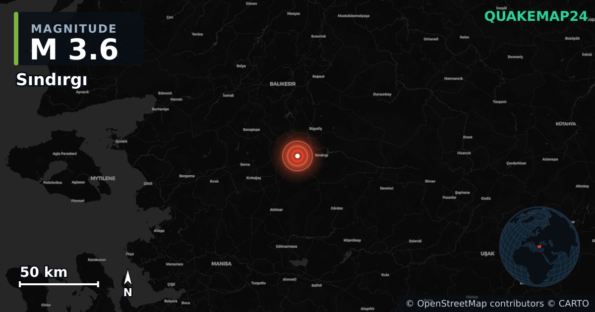 M3.6 earthquake near Sındırgı on Oct 22, 2025 — map of epicenter and shaking intensity | QuakeMap24