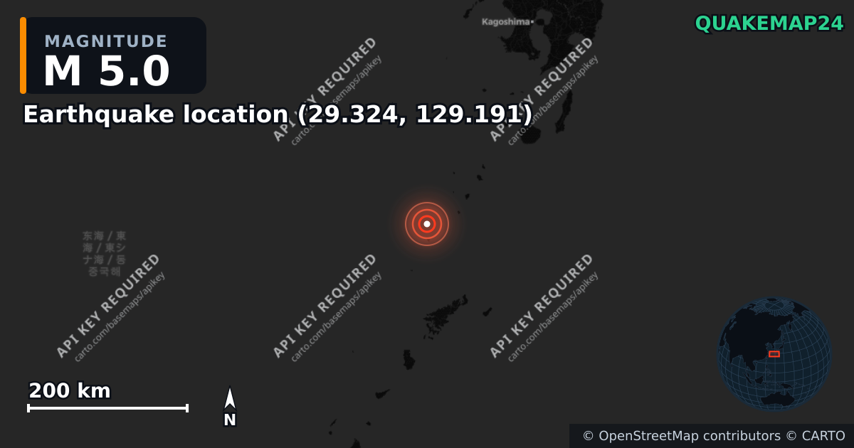 M5.0 earthquake near Deprem konumu (29.324, 129.191) on Mar 30, 2026 — map of epicenter and shaking intensity | QuakeMap24