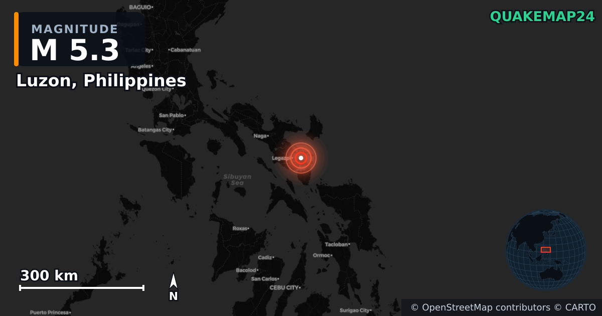 M5.3 earthquake near Luzon, Philippines on Jun 5, 2026 — map of epicenter and shaking intensity | QuakeMap24