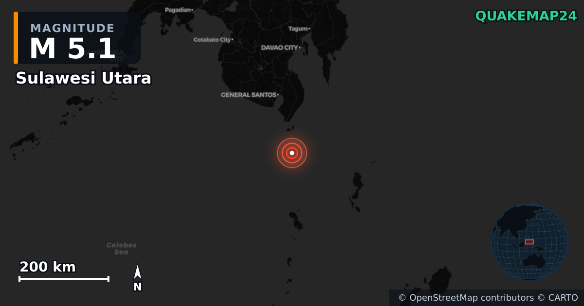 M5.1 earthquake near Sulawesi Utara on Jun 8, 2026 — map of epicenter and shaking intensity | QuakeMap24