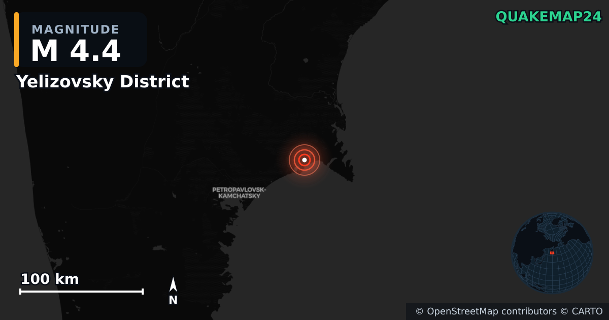 Yelizovsky District, Kamchatka Krai (Rusya) yakınında M4,4 deprem · 2026-10-09 — Deprem merkez üssünün konumunu gösteren harita