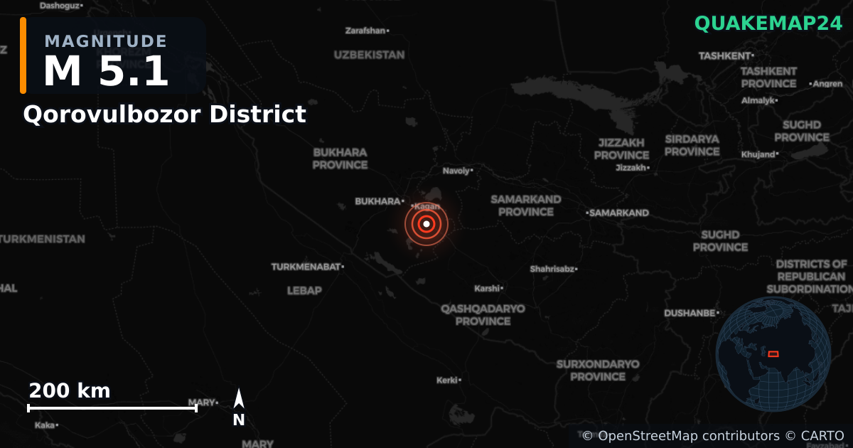M5.1 earthquake near Qorovulbozor District on Apr 27, 2026 — map of epicenter and shaking intensity | QuakeMap24