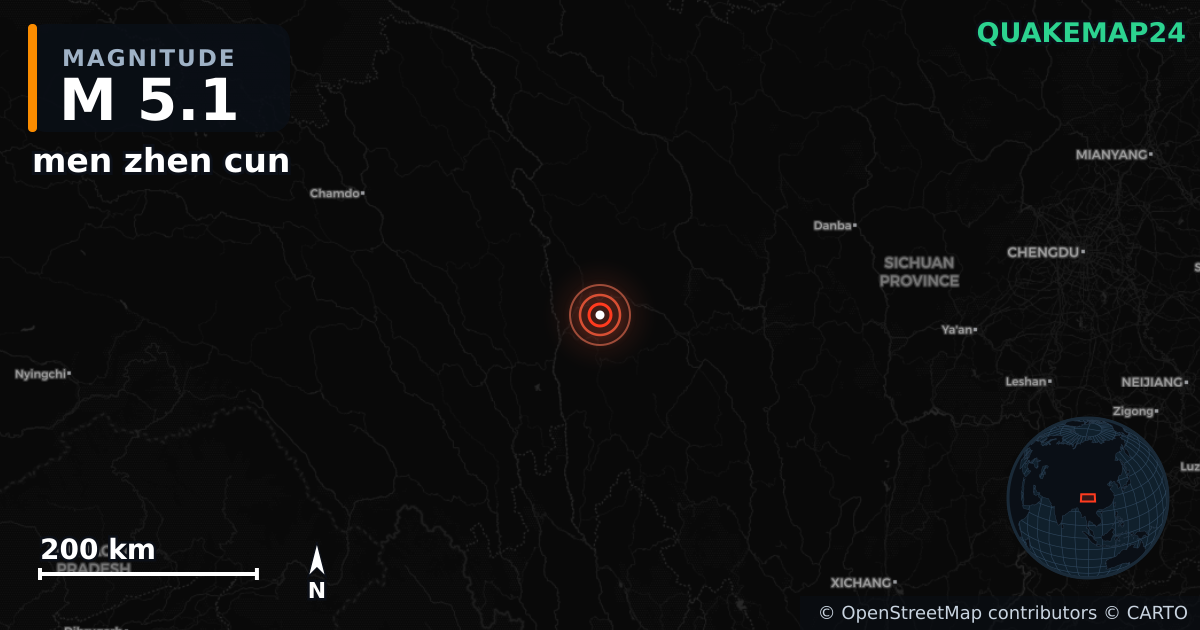 M5.1 earthquake near men zhen cun on Oct 26, 2025 — map of epicenter and shaking intensity | QuakeMap24
