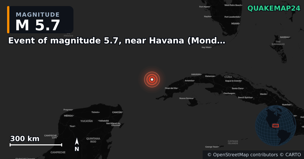 M5.7 earthquake near Event of magnitude 5.7, near Havana (Monde) on Jun 8, 2026 — map of epicenter and shaking intensity | QuakeMap24