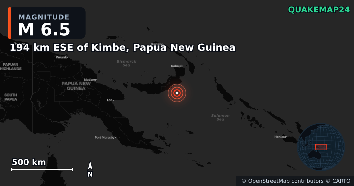M6.5 earthquake near 194 km ESE of Kimbe, Papua New Guinea on Apr 4, 2025 — map of epicenter and shaking intensity | QuakeMap24
