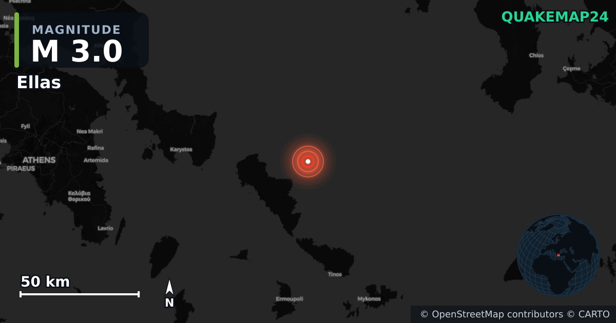 M3.0 earthquake near Ellas on Feb 20, 2026 — map of epicenter and shaking intensity | QuakeMap24