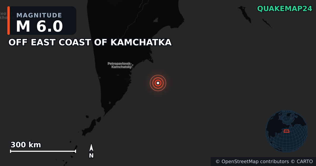 M6.0 earthquake near OFF EAST COAST OF KAMCHATKA on Nov 4, 2025 — map of epicenter and shaking intensity | QuakeMap24