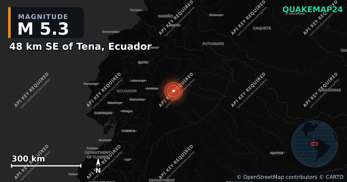 M5.3 earthquake near 48 km SE of Tena, Ecuador on Mar 8, 2025 — map of epicenter and shaking intensity | QuakeMap24