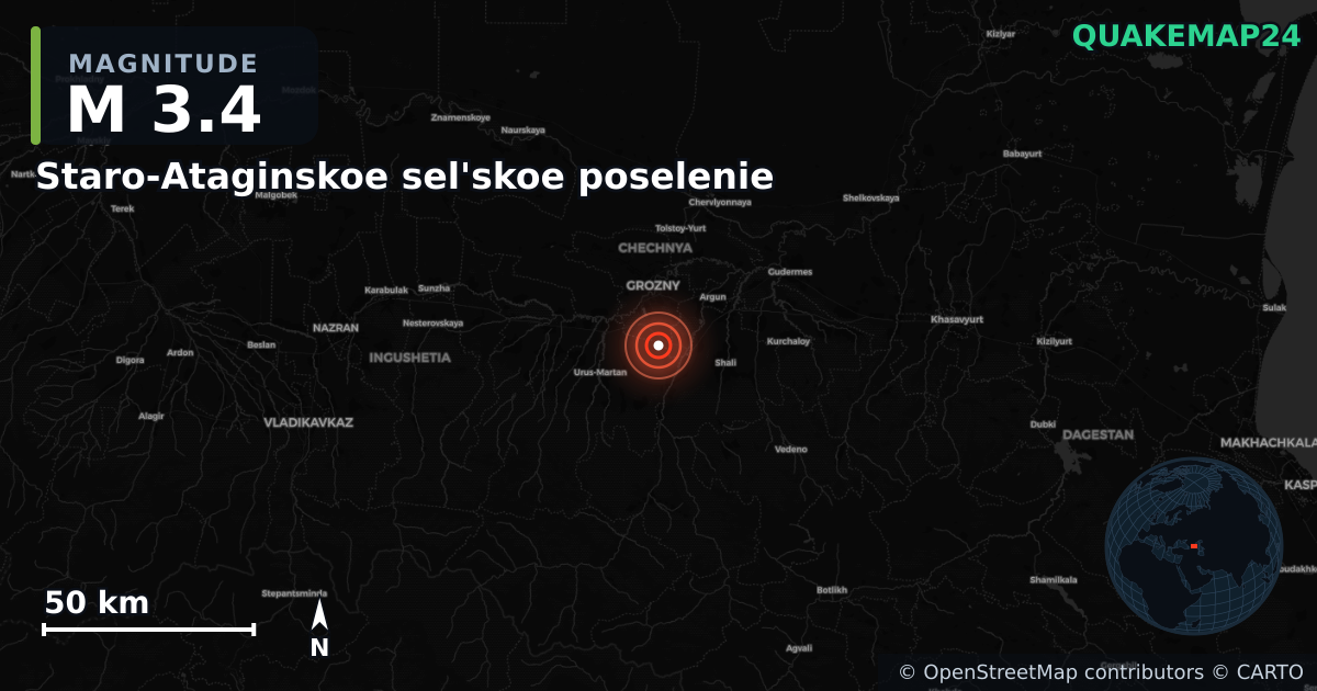Séisme de M3,4 près de Staro-Ataginskoe sel'skoe poselenie, Chechnya (Russie) · 2026-09-30 — Carte de localisation de l’épicentre