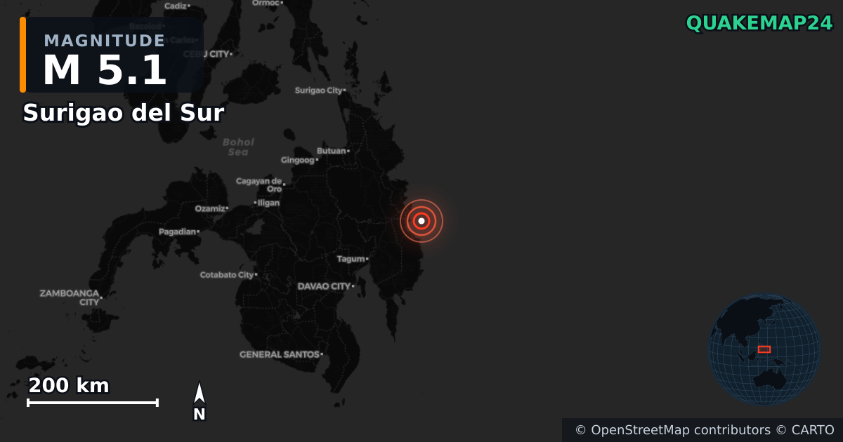 M5.1 earthquake near Surigao del Sur on Oct 24, 2025 — map of epicenter and shaking intensity | QuakeMap24