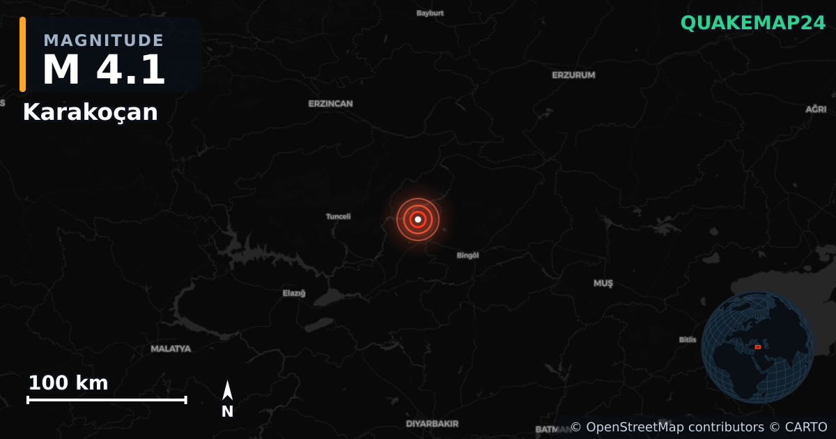M4.1 earthquake near Karakoçan on Jun 1, 2025 — map of epicenter and shaking intensity | QuakeMap24